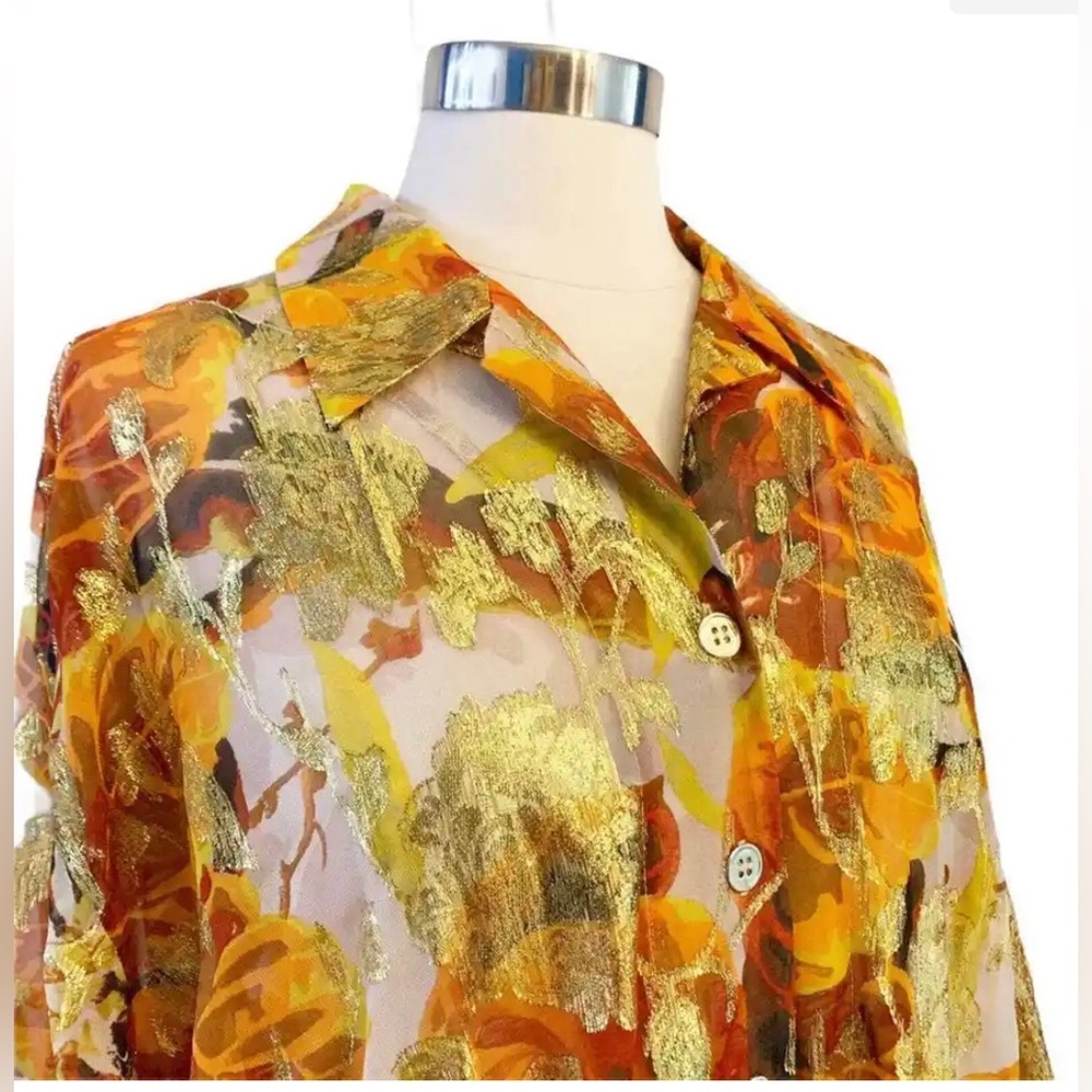 TOPSHOP orange metallic gold sheer short sleeve collared tunic Unique split back - Picture 9 of 14